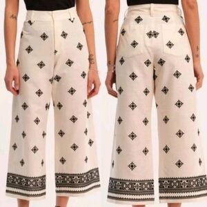 Elie Tahari Women’s Linen Blend Embroidered Wide Leg Cropped Pants Boho Cream 6